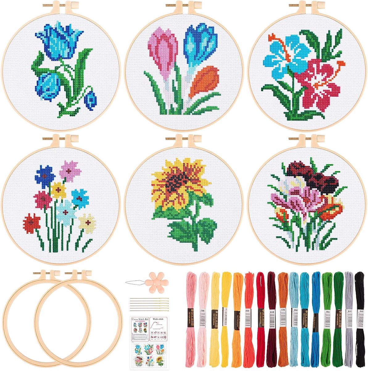 6 stuks bloem kruissteek beginners kit voor volwassen kinderen, doe-het-zelf ambachtelijke kunst handgemaakte naaldpunt borduurwerk kit voor ambachtelijke liefhebbers met gereedschap inclusief 2