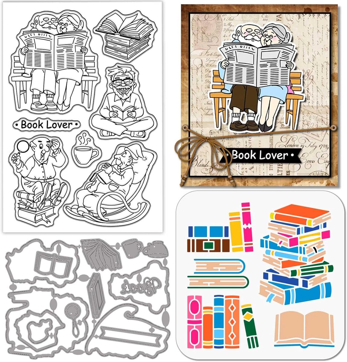 Oude Man Lezen Clear Siliconen Stempel Metalen Boek Koffie Snijden Die Cuts Boek Stack Verf Craft Stencils Voor Kaart Maken Scrapbooking Craft Diy Embossing