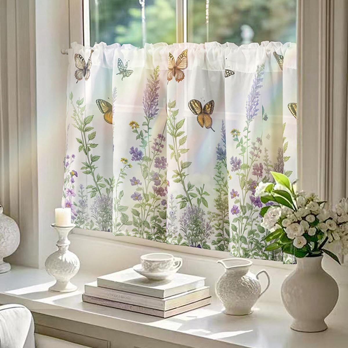 Vitrage, halftransparant, bloemen, vlinder, bistrogordijnen, wit, landelijke stijl, korte gordijnen voor keuken, woonkamer, 1 stuk, 180 x 60 cm (b x h)