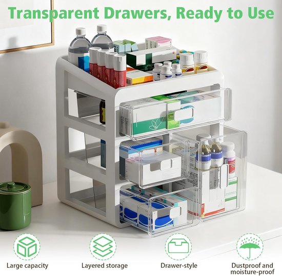 Huisapotheekkast met 4 verdiepingen, medicijnkast-organizer, medische opslag container met transparante lade, medicijnenopslag, voor medicijnen, kleine cosmetica (wit) — afbeelding 2