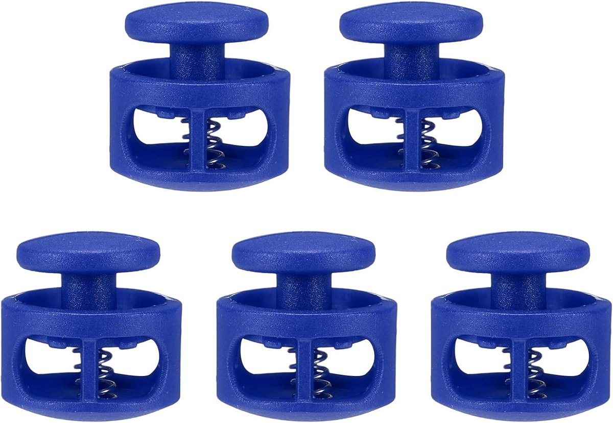 5 stuks kunststof koordstopper, dubbel gat, veer-klemsluitclip, elastische sluitsluiting voor trekkoord, paracord, tassen, kleding, handschoenen, koord-vervanging, blauw