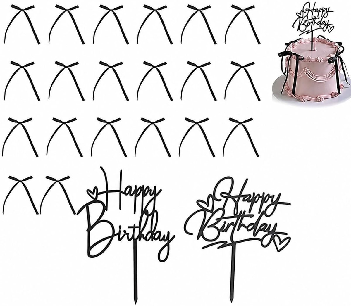 taartdecoratie verjaardag zwart 2 stuks – Happy Birthday taarttopper met 20 strikken – modern design voor volwassenen tieners – decoratie feest taart ballon cadeau