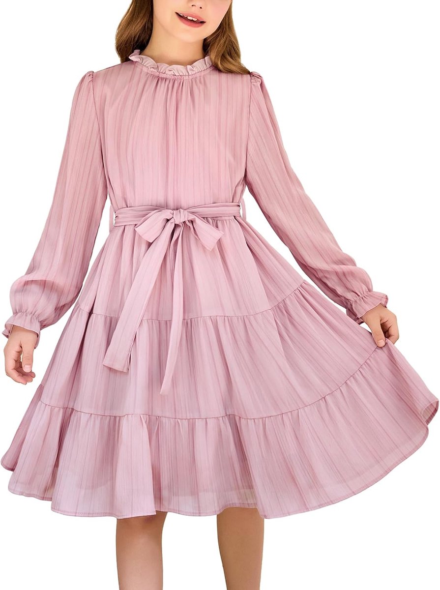 Meisjesjurk met franjes, chiffon met lange mouwen, voor 7-15 jaar