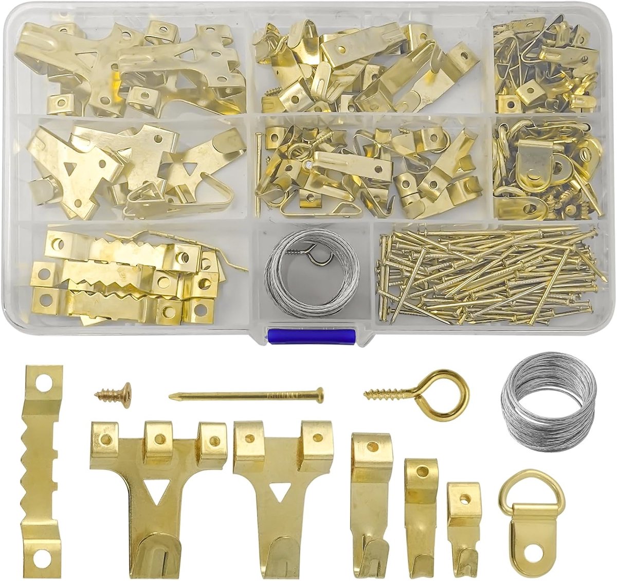 220 stuks fotohaken, fotohangers, metalen fotolijst, sorteerhaken, driehoek ringframe, ophanghaken voor thuis, kantoor, foto, schilderijschilderij, ophangen, fotobevestiging, goud