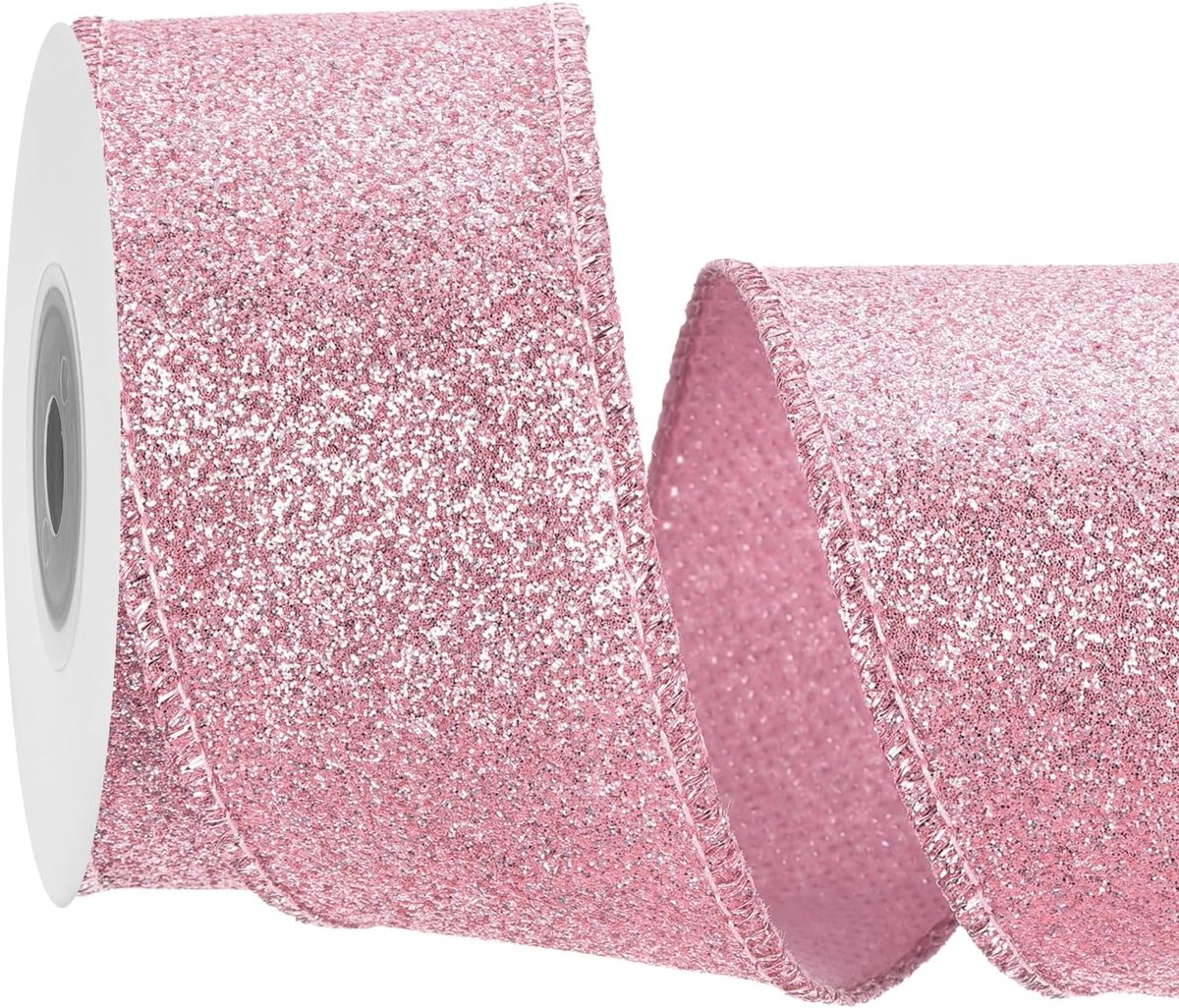 4 cm glitter draadrand, lichtroze iriserend lint, 1,6 inch / 4 m, voor kerstboom, krans, decoratie, cadeauverpakking, met metalen rand