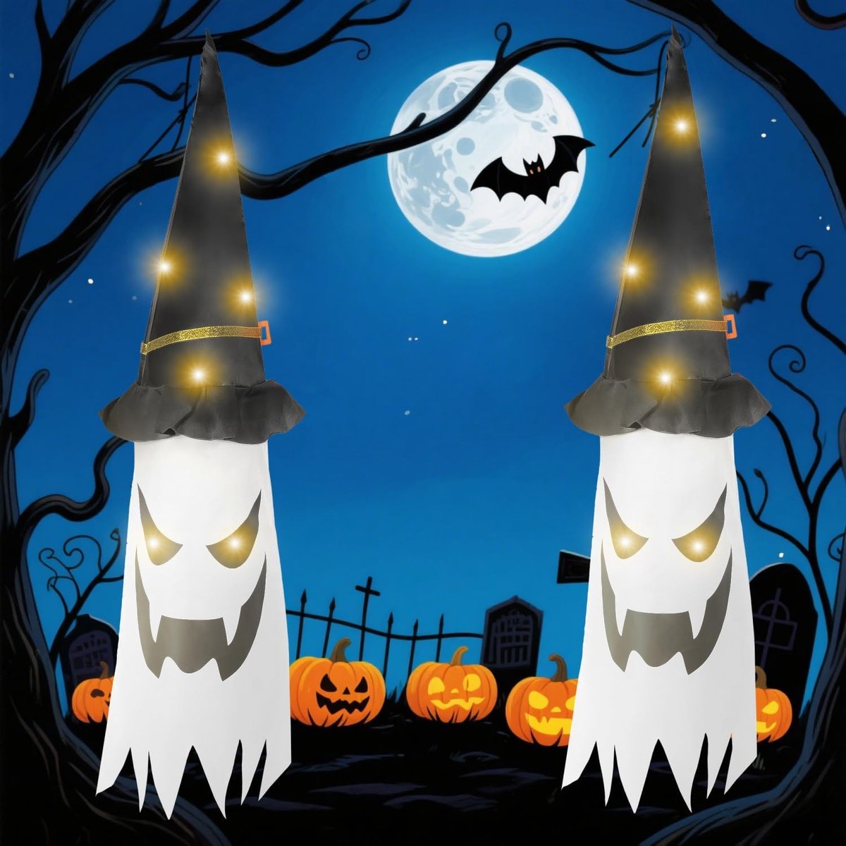 2 Stuks Halloween Decoratie Spoken, Halloween Decoratie Hangende Spoken met Heksenhoed LED-verlichting, Decoraties Spook met 3 Verlichtingsmodi, voor Voortuin, Buiten, Terras, Tuin, Feest