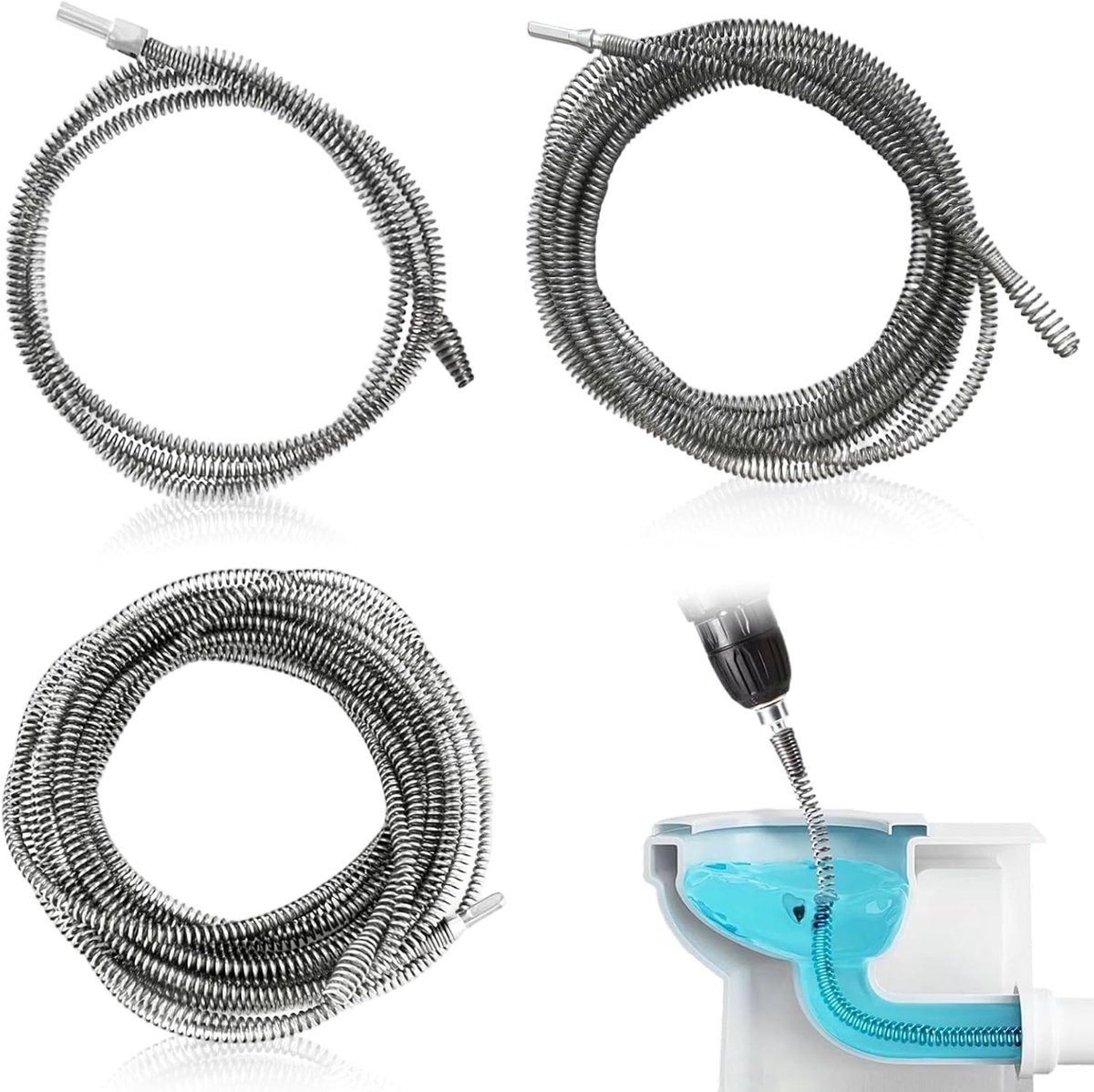3 stuks rioleringsspiraal afvoerreiniger, 10 mm x 4 m/2 m/1 m rioleringsspiraal universele buisspiraal afvoer buisreiniging met booropzetstuk voor badkamer keuken toilet