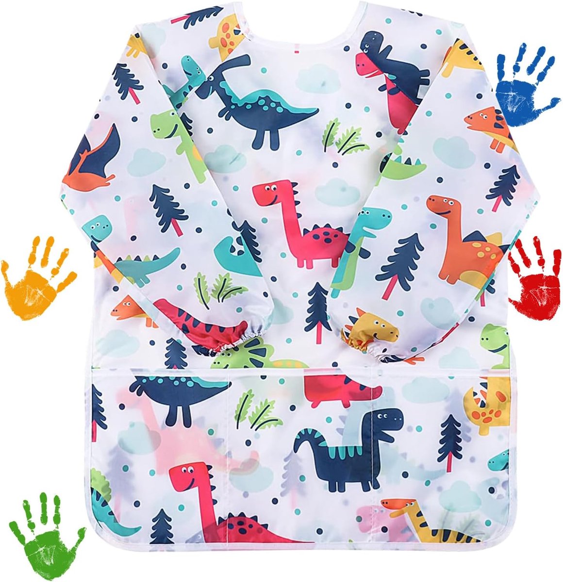 Schilderjas voor kinderen, schildersschort, schildersjas, kinderen 2-8 jaar, dinosaurus, geschikt voor school en thuisgebruik (maat M)., Meerkleurig, 1