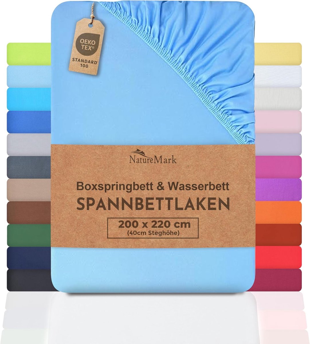 SnelShoppen - Jersey Hoeslaken voor Boxspring en Waterbed 200 x 220 cm, 40 cm Matrashoogte, 100% Katoen, Lichtblauw, Ideaal voor Dagelijks Gebruik