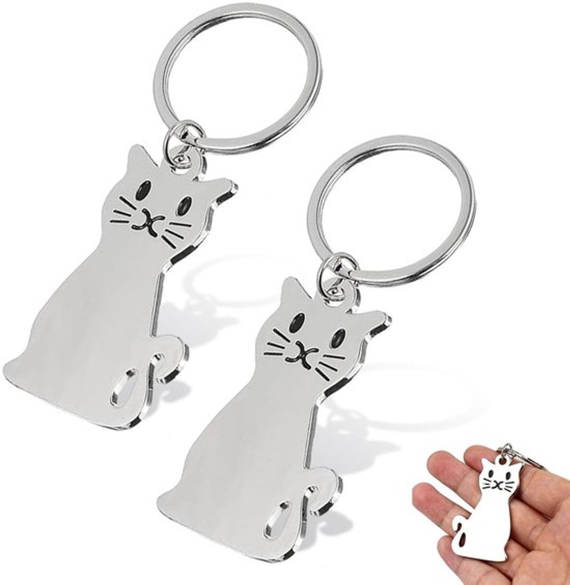Sleutelhanger Dier - 2 Stuks - Metalen Sleutelhangers - Zilveren Kat - Sleutelhanger voor Dames/Heren - Kerstcadeaus