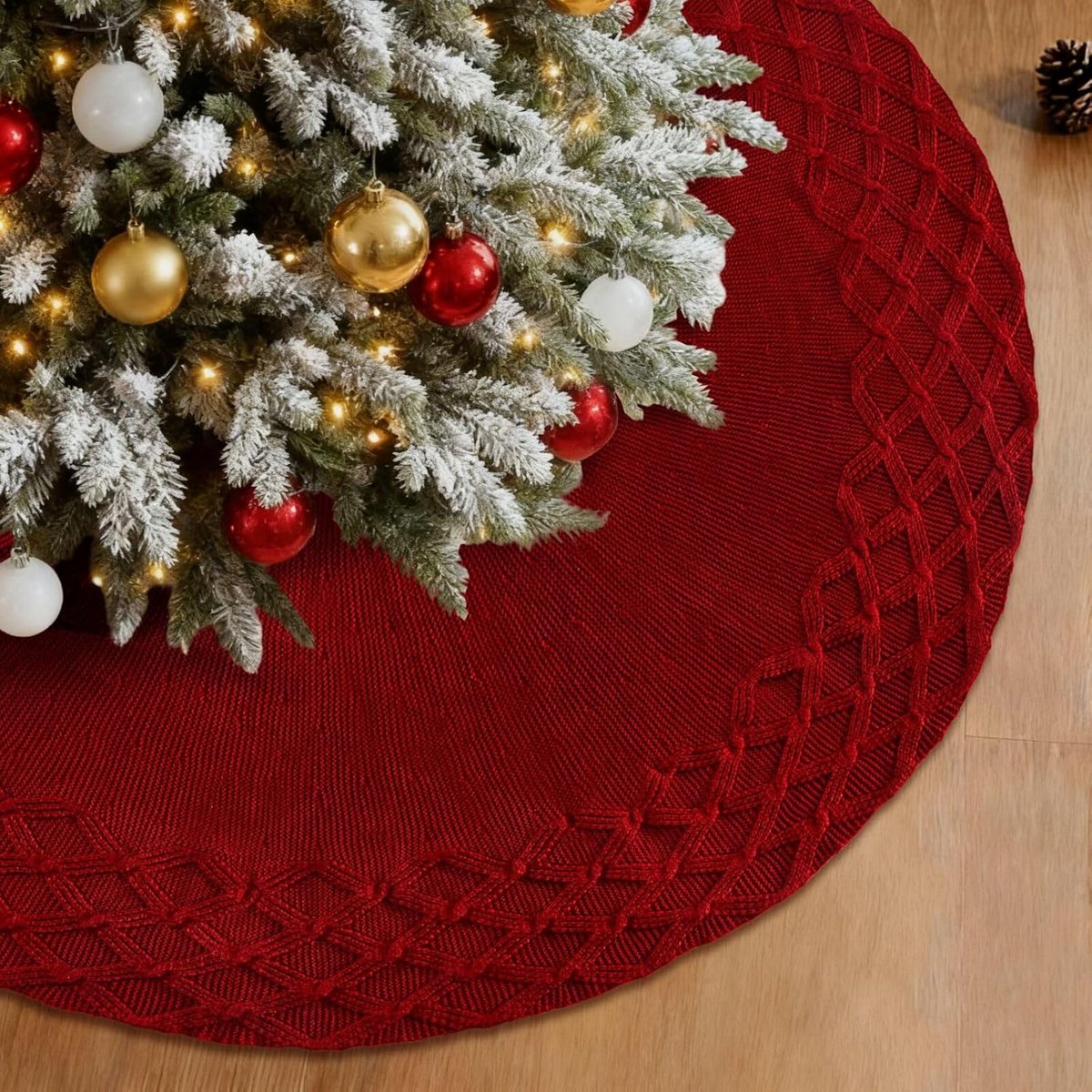 rok, 92 cm, gebreide kerstboomdeken, rond, bordeauxrood, geweven ruitpatroon, kerstboomdeken, grote kerstboomstandaard, kerstboomtapijt voor thuis, vakantie, kerstdecoratie