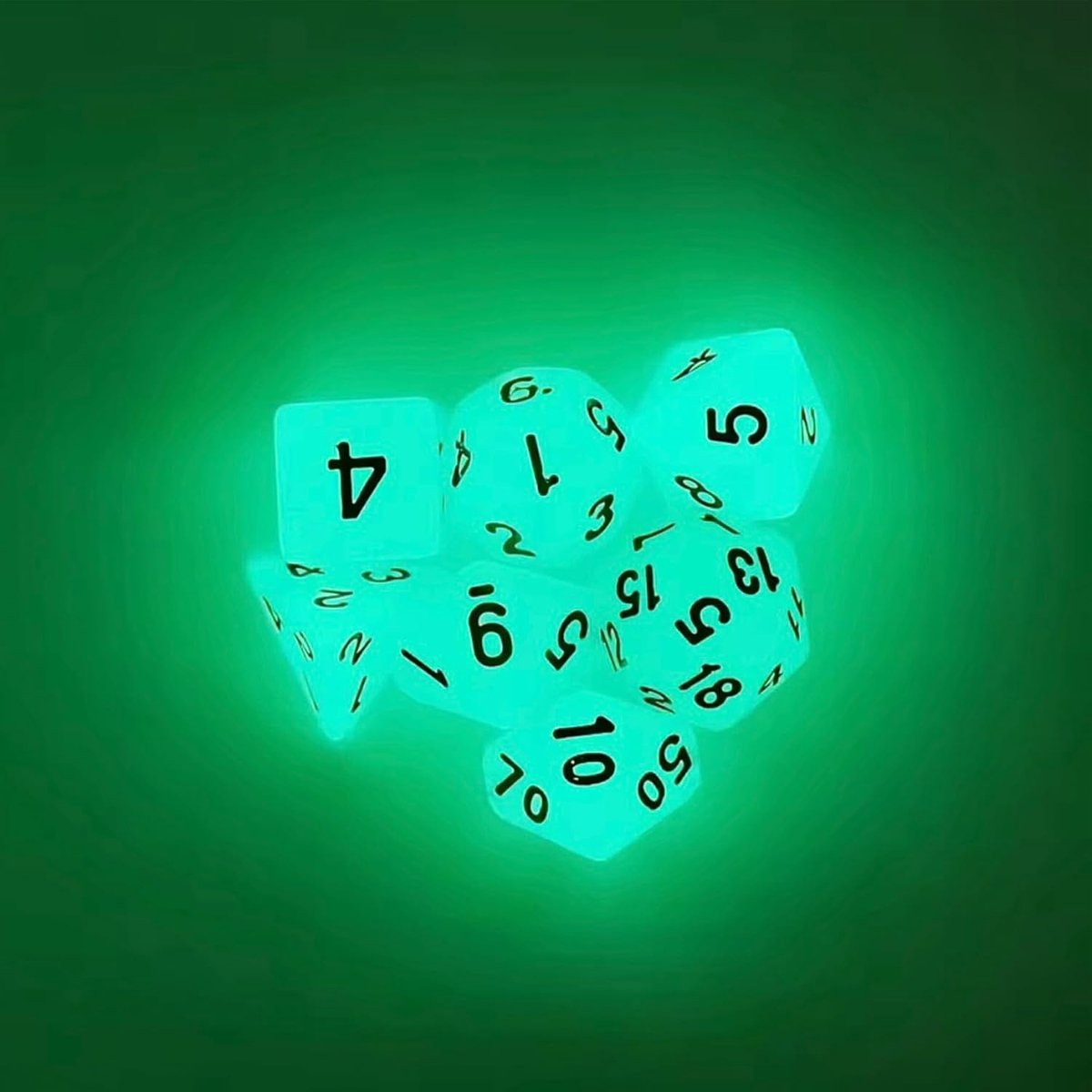Glow-in-the-Dark DND dobbelstenen set (7-delig) – lichtgevende RPG-dobbelstenen – fluorescerend en oplichtend in het donker