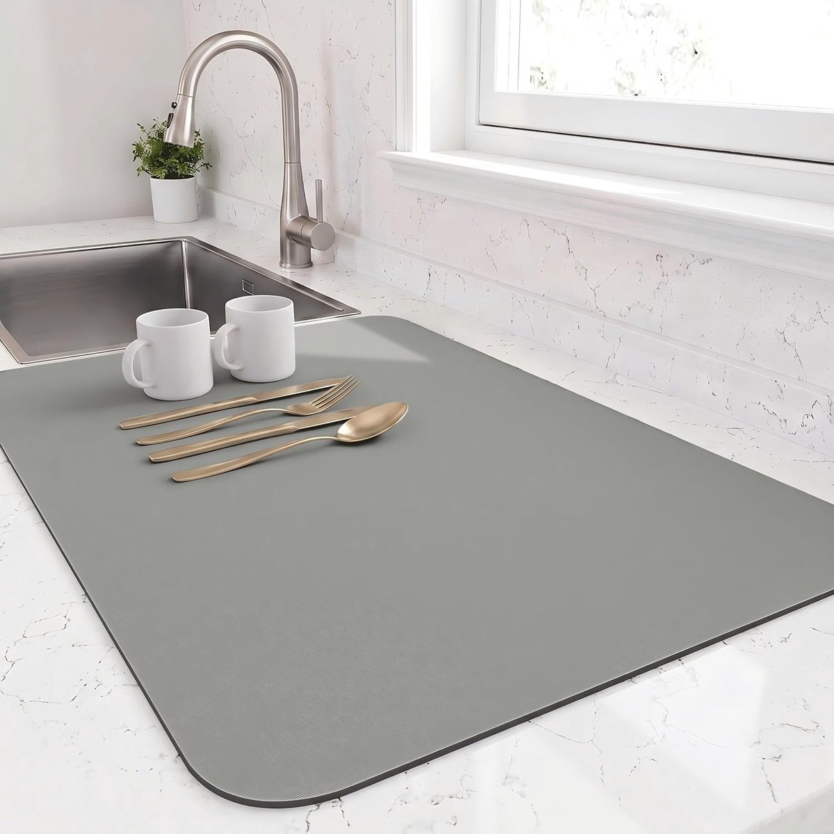 Afwasdroogmat voor aanrecht, koffiemat met antislip rubberen achterkant, verbergt vlekken anti-absorberend voor aanrecht (Grijs, 50 x 30 cm)