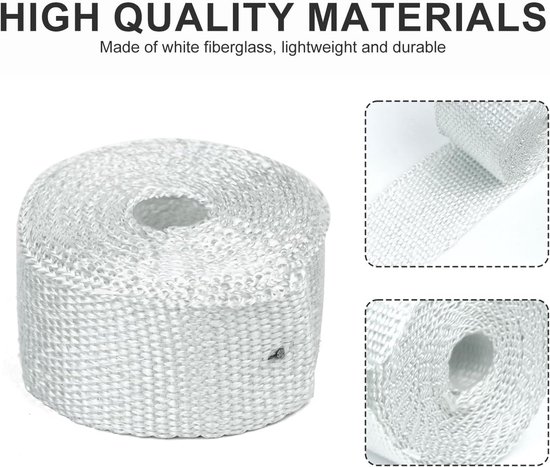 uitlaatband, wit, uitlaatband met 1 stuks kabelbinder, hittebescherming, uitlaat, 500 cm x 5 cm, hittebeschermingsslang voor auto, motorfiets, waaierspruitstuk, spruitstukband — afbeelding 3