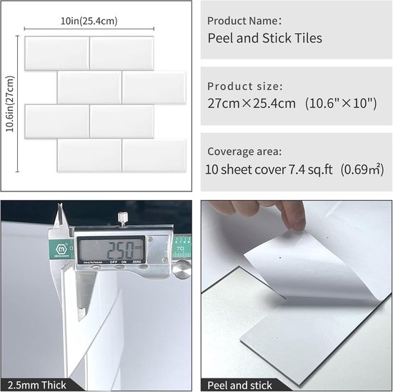 Plaktegels Keuken Zelfklevende Tegels Wandtegels 10 Vellen - Wit,3d,Metro,Badkamer,Wand,Muur,Wandpaneel,30.5 x 30.5 cm — afbeelding 5