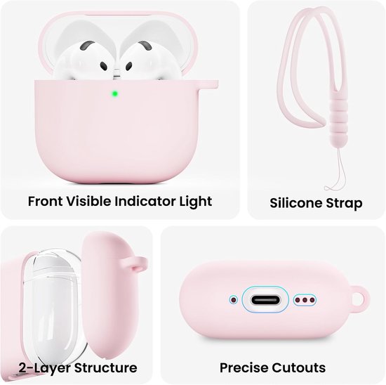 Compatibel met Airpods 4-hoesje, vloeibare siliconen hoes met sleutelkoord, hybride huid en zichtbare LED-beschermhoes aan de voorkant voor Airpods 4e generatie (2024) - roze van compatibel — afbeelding 3