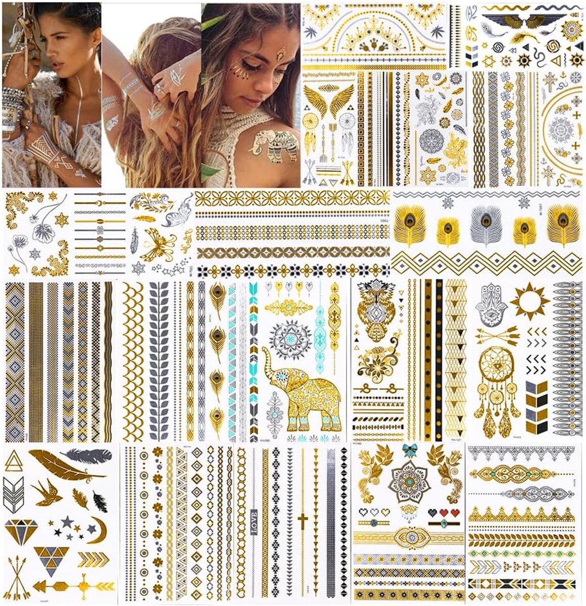 metallic tatoeages, 20 vellen tijdelijk tattoo-papier met 200 ontwerpen, waterdicht verwijderbaar goud zilver nep sieraden body art sticker voor volwassenen en kinderen
