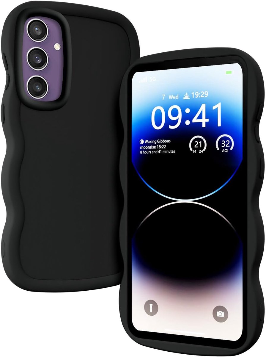 Vloeibaar siliconen hoesje voor Samsung Galaxy A56 5G / A36 5G, golvende frame, krullende vorm, schattige beschermhoes, zacht, schokbestendige bumperhoes - zwart