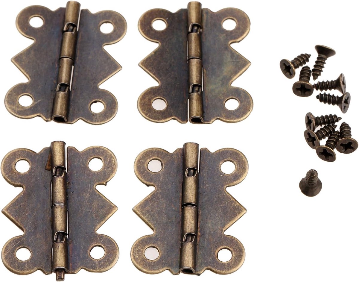 Scharnieren, ijzeren mini-vlinderscharnieren, antiek brons met 16 schroeven voor houten kist, sieradenbox, poppenhuis, meubels