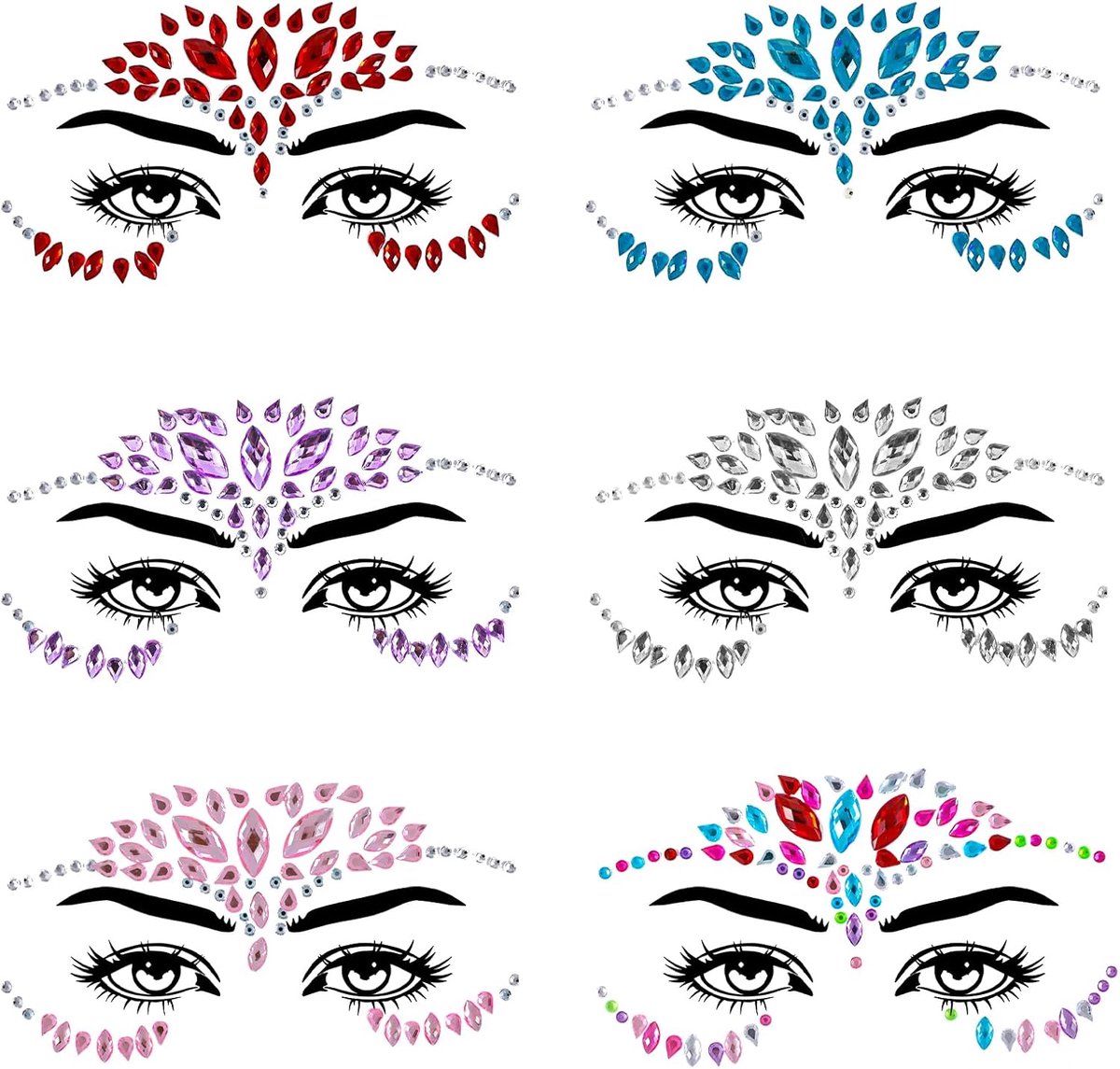 6 stuks glittersteentjes voor gezicht, festival strass-edelstenen, gezichtsstickers, zelfklevend, sieraden, tijdelijke tatoeages voor Halloween, carnaval, rave party, make-up, vrouwen