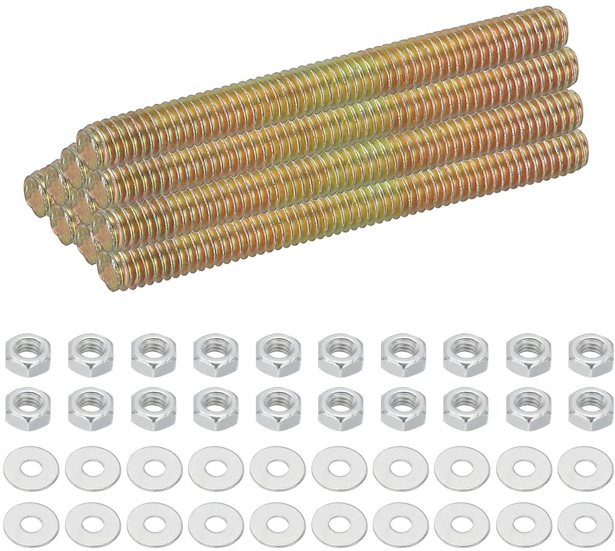 Draadstangen van M4 koolstofstaal, 25 sets met 5,6 cm lengte, met lange schroefdraad, staafbouten met moeren en sluitringen, zinkkleur
