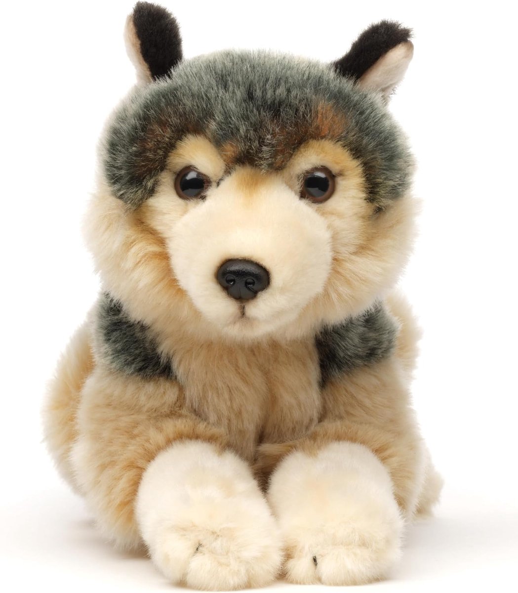 Grijze wolf, liggend, 22 cm (lengte), pluche wolf, lupus - pluche
