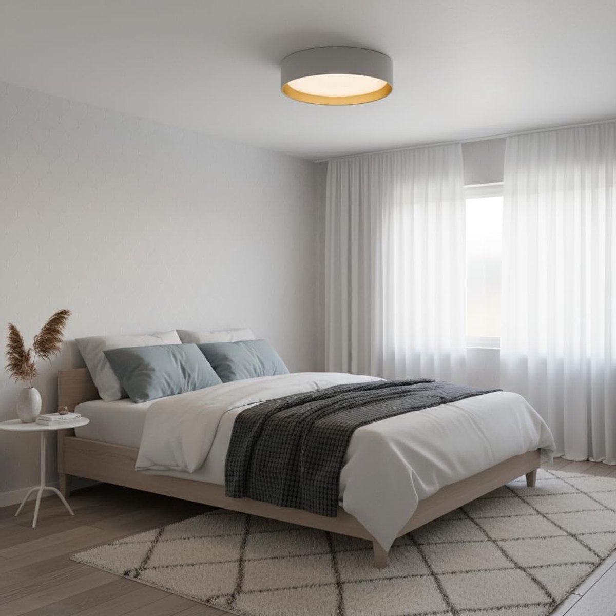 LED Plafond Ø40 cm 30W Witte Textielkap met Gouden Reflecterende Binnenkant Dimbare CCT 3000K/4000K/6000K Elegant Ontwerp voor Woonkamer Slaapkamer Gang