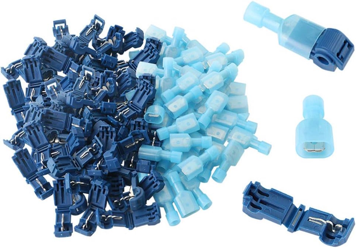 100 stuks (50 paar) T-Tap snelkoppelingsset, T-Tap-kabelverbinders, elektrische kabelverbinders, snelkoppeling (blauw)