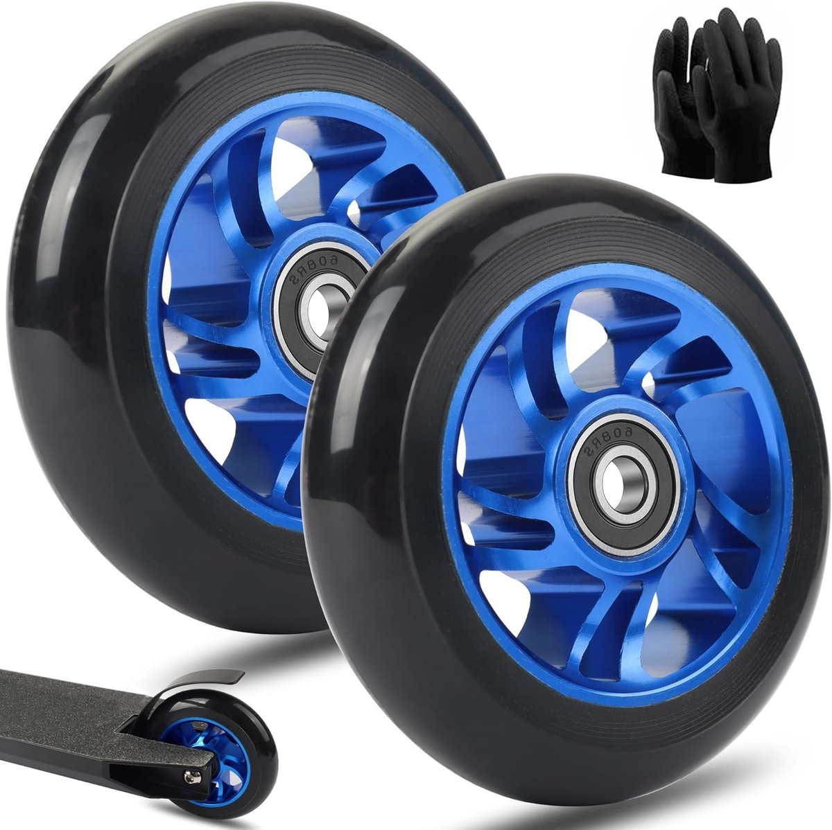 100 mm stuntstep-wielen, scooterbanden, reservewielen, met velgen van aluminiumlegering en anti-blokkerende lagers, scoot and ride step-accessoires (2 stuks, 100 mm, blauw)