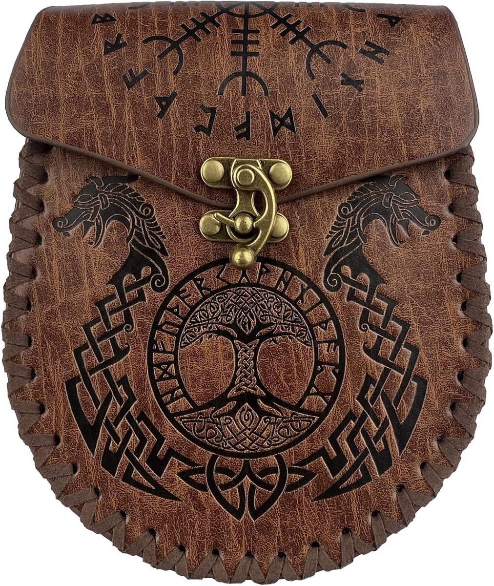 Nordic heuptas met reliëf, retro middeleeuws kunstleder zijtasje, vintage draagbaar riemtasje voor LARP Ren Faire