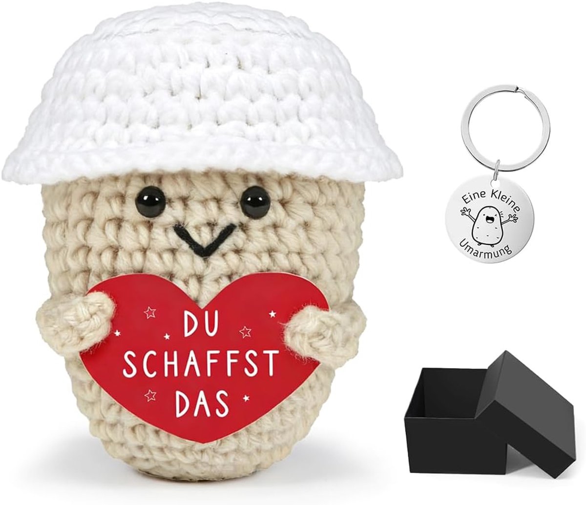 aardappel, potato en sleutelhanger, creatieve breiwol, aardappelpop, je creëert het cadeau, moedermaker geluksbrenger, examencadeau voor vriend, collega, A28-5
