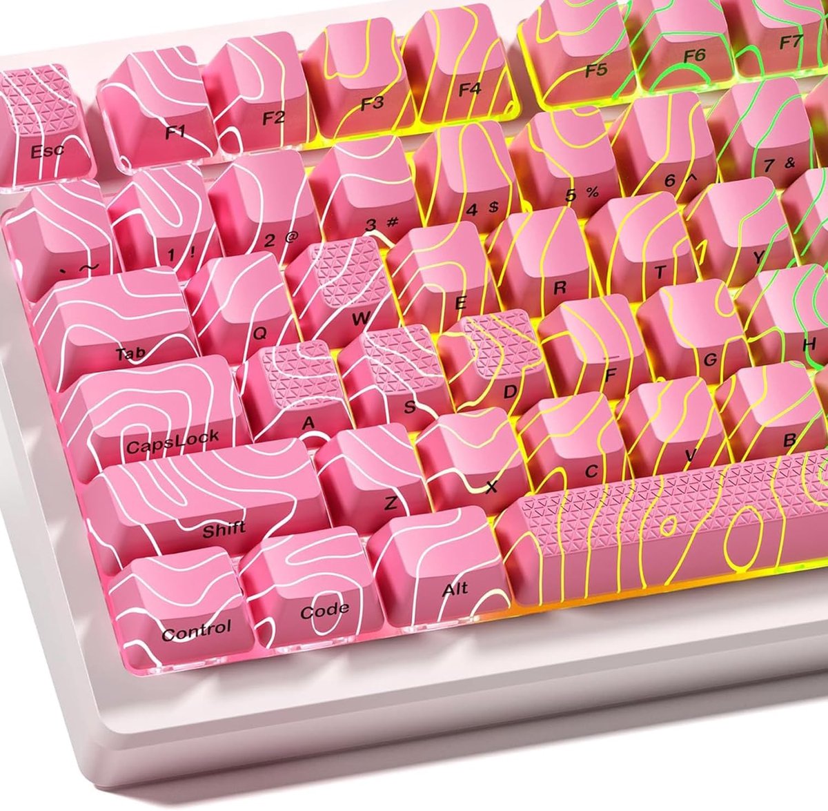 Topografische keycaps, OEM-profiel, 118 toetsen, zijdelings gegraveerd, transparante keycaps, IMD-keycapproces, drie materiaallagen, ideaal voor 75 en 60% toetsenborden (roze)