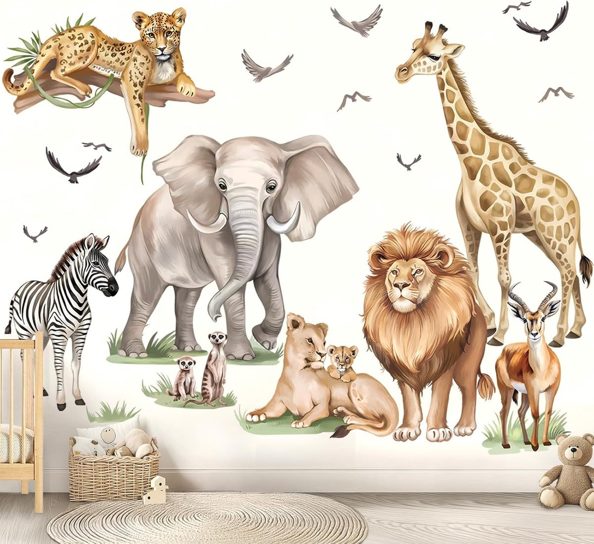 Muurstickers, jungledieren, savanne XXL, stickers, safari, olifant, giraf, leeuw, voor slaapkamer, babykamer, woonkamer