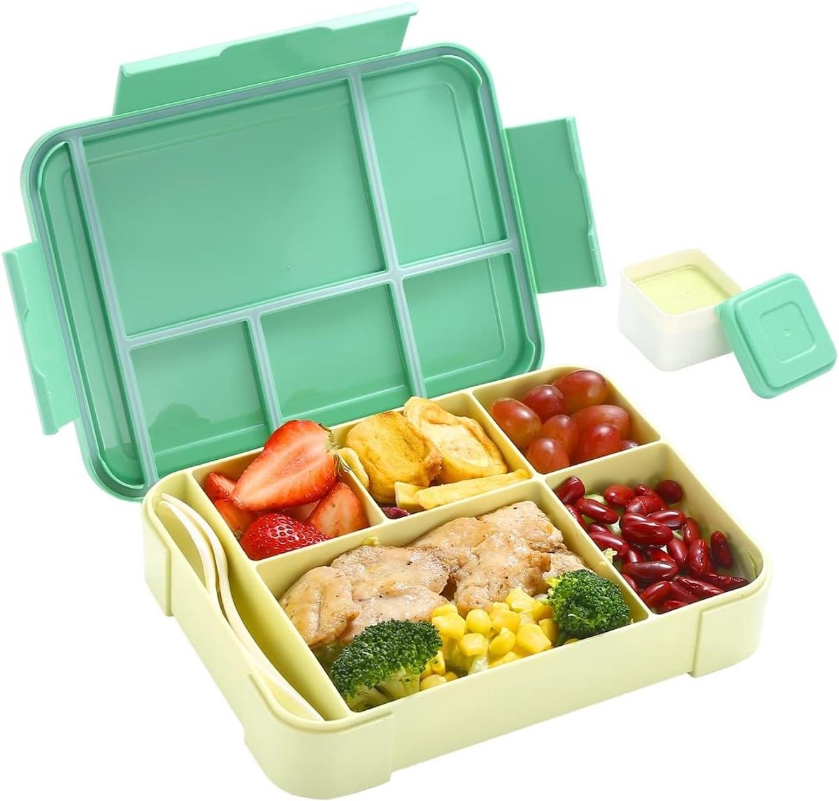 Kinderbroodtrommel met vakken, 1300 ml, BPA-vrij, Bento box, lunchbox, snackbox, lekvrij met 5 vakken, broodtrommel voor volwassenen, meisjes en jongens, magnetron/vaatwasmachinebestendig