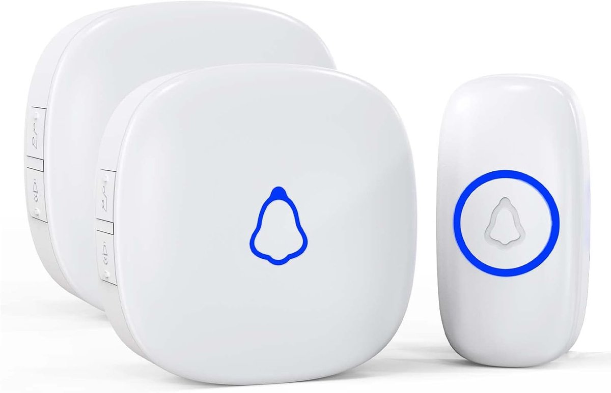 Draadloze Deurbel Buiten Waterdicht IP55 – 2 Ontvangers + 1 Drukknop op Batterij, 58 Melodieën, 5 Volumeniveaus 0–120 dB, LED Lampje, 300 m Bereik, Voor Huis, Appartement & Voordeur, Wit