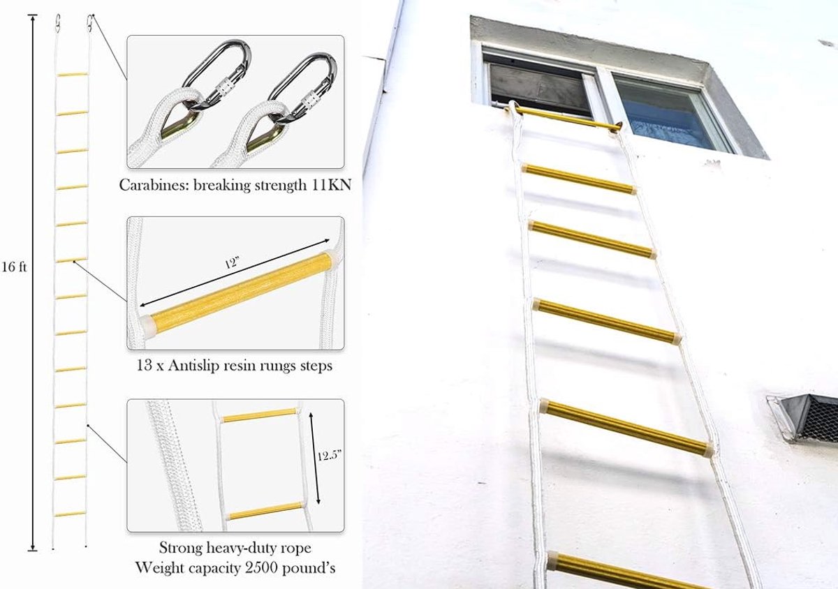 Evacuatie ladder 16 ft (5m) - 2 niveaus - brandwerende nooddeken 120 x 180 cm - veiligheid set - SnelShoppen