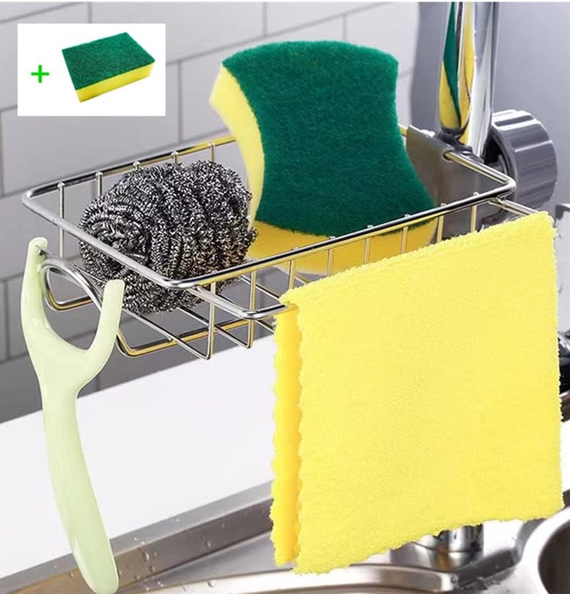 Keukensponshouder van roestvrij staal voor spons, afdruiprek, afdruiprek, voor keukenspoelbak, set (7,48 inch)