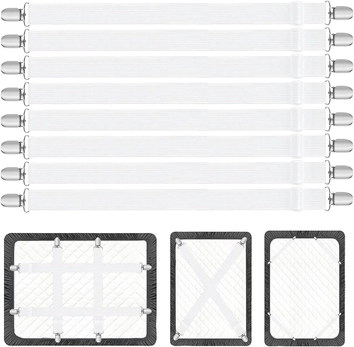 8 stuks Verstelbare Bettlakenspanner, 67–250cm Elastische Betttuchspanner met Metalen Clips, Spannbedlaken Houder, Lakenspanner Wit, Bettlaken Spanngurte voor Bettlaken, Sofa, Matras