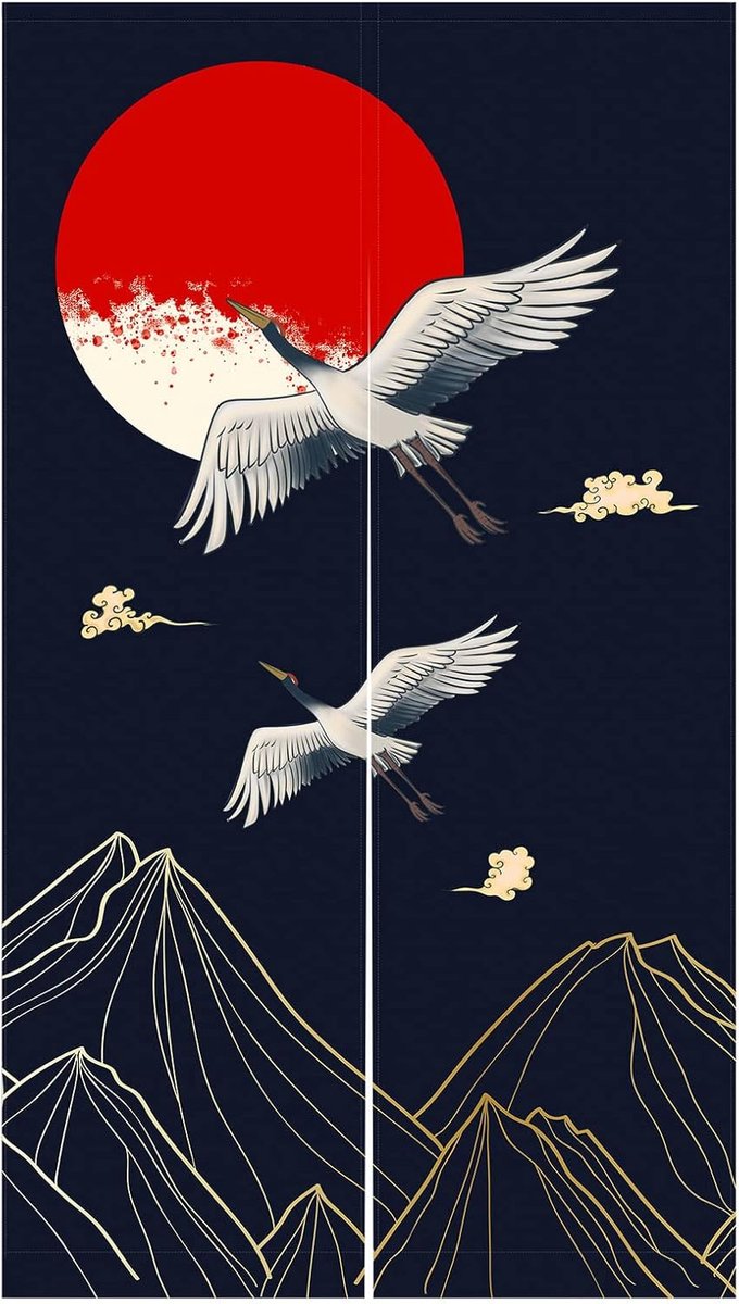 Noren Deurgordijn Japanse stijl kranen goud bergrood volle maan bedrukt katoen linnen raambekleding deur tapijt voor woondecoratie 85 x 150 cm, zwart