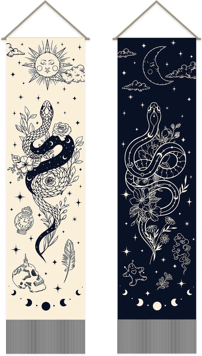 Tapijten met zon, maan en slangenprint, slangen, verticaal bohemien tapijt, mystiek, bohemien, kwastje, wandtapijt, voor slaapkamer, woonkamer, thuis, 33 x 130 cm