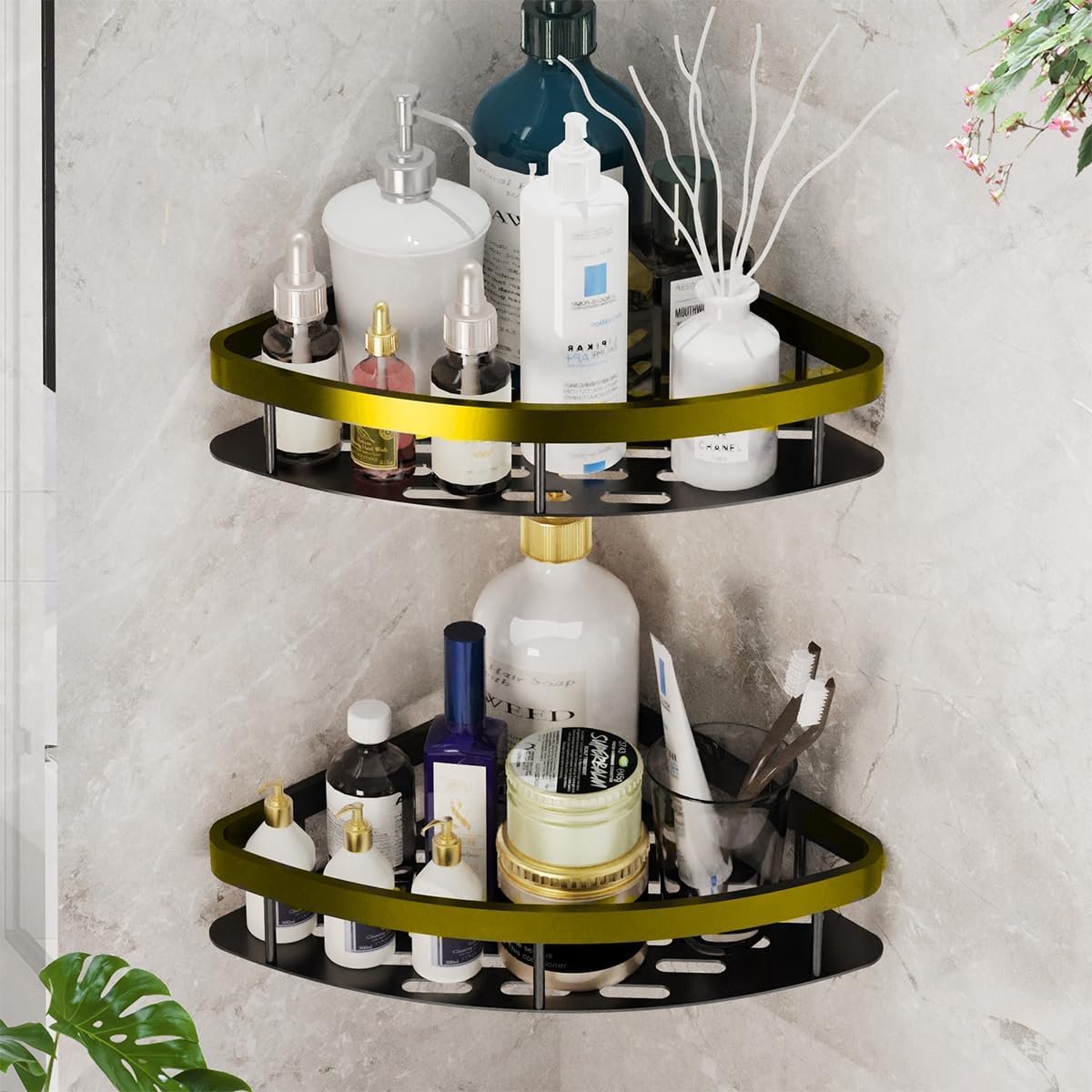 Doucheplank zonder boren, hoekig, zelfklevend, matte afwerking, roestbescherming, doucheplank en shampoohouder voor douche, keuken, badkamer, organizer, eenvoudige montage, goud