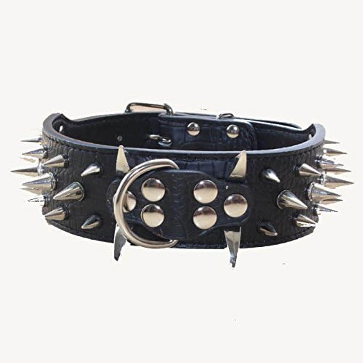 Leren Hondenhalsband met Scherpe Punten 2 Inch Breedte Hondenhalsbanden voor Middelgrote & Grote Honden Pitbull, Labrador, Boxer Rottweiler Duitse Herder ... (XL, Zwart)