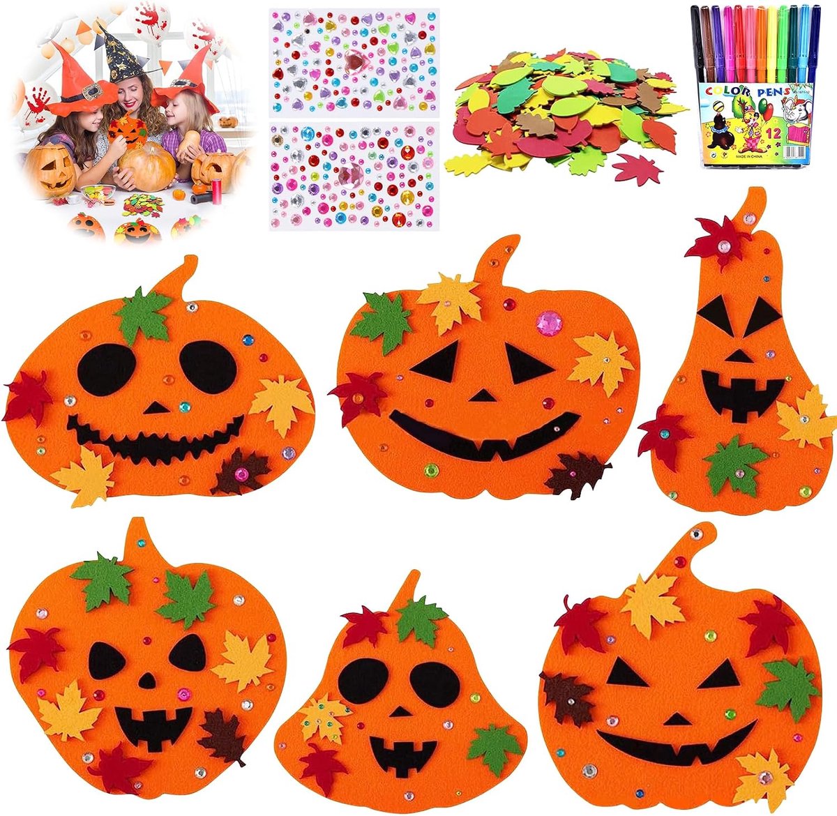 Knutselen voor kinderen, 76 stuks, Halloween en herfst, doe-het-zelf pompoen-knutselset, vilt, herfst, knutselset voor decoratie, met gevallen bladeren, strass-steentjes, stickers en