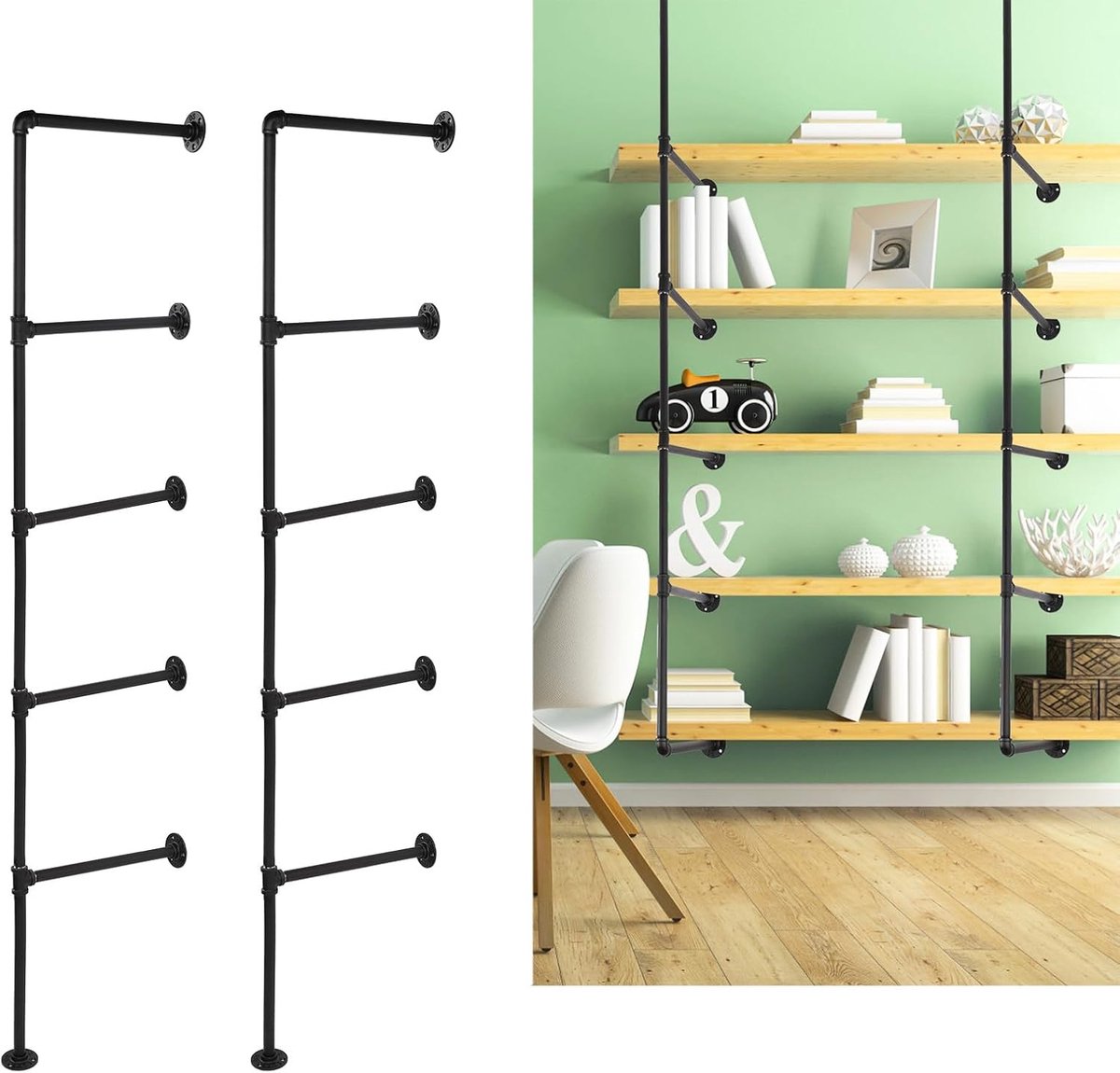 2st Wandgemonteerde Ijzeren Pijpplank, 5-Laags 168x30cm Industriële Wandplanken Plafondgehangen Plank Industriële Pijpplanken Geen Plank Doe-Het-Zelf Open Boekenplank