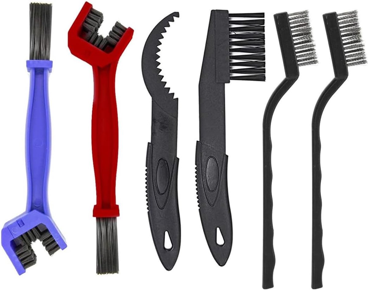 Set van 6 kettingreinigingsborstels, kettingreinigingsborstel voor motorfiets en fietsen in zwart, blauw en rood, fietsset, reinigingsborstel, kettingtandwiel