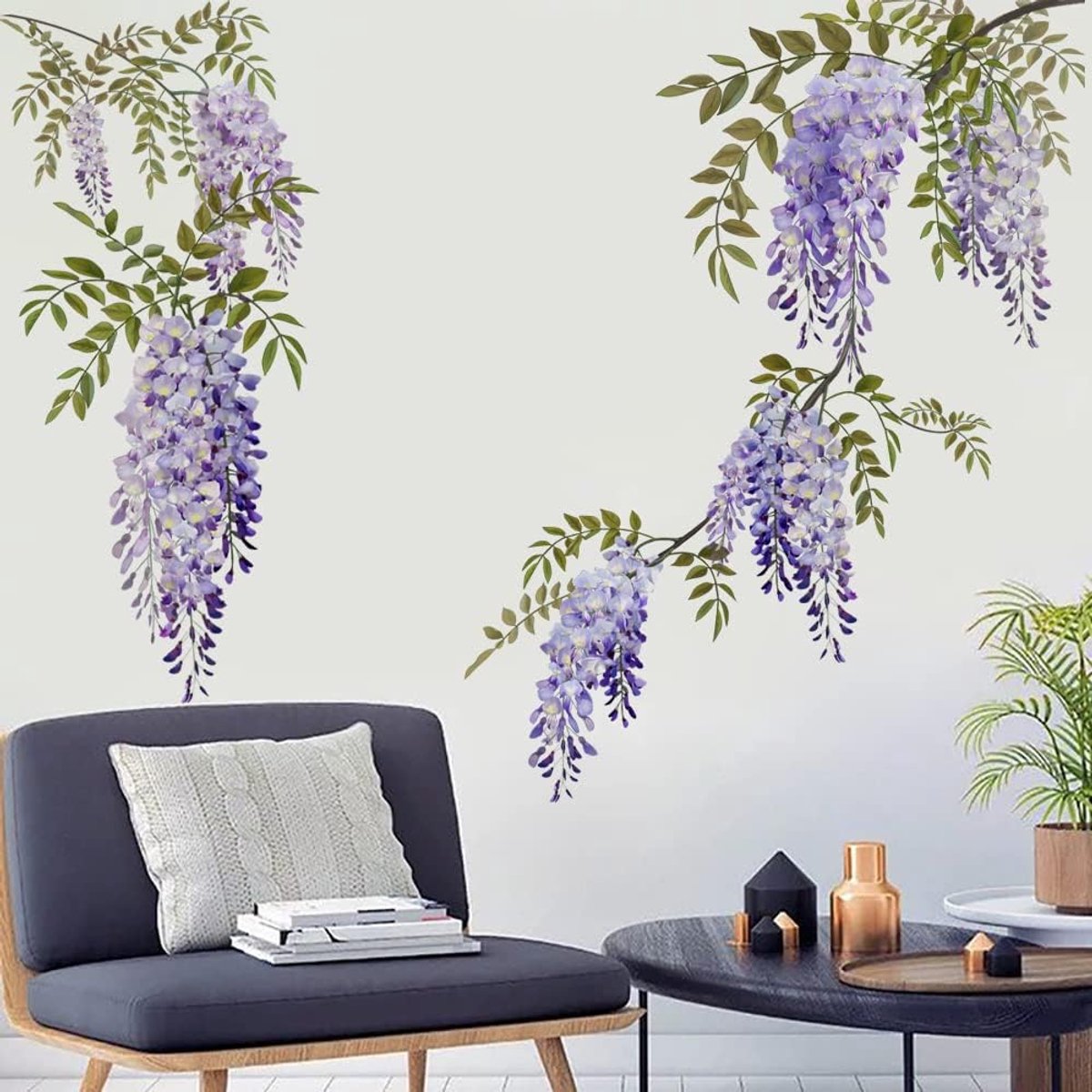 Opknoping Paarse Bloem Muurkunst Stickers Blauweregen Bloemen Muursticker voor Woonkamer Slaapkamer Baby Meisjes Kwekerij Muur Decor