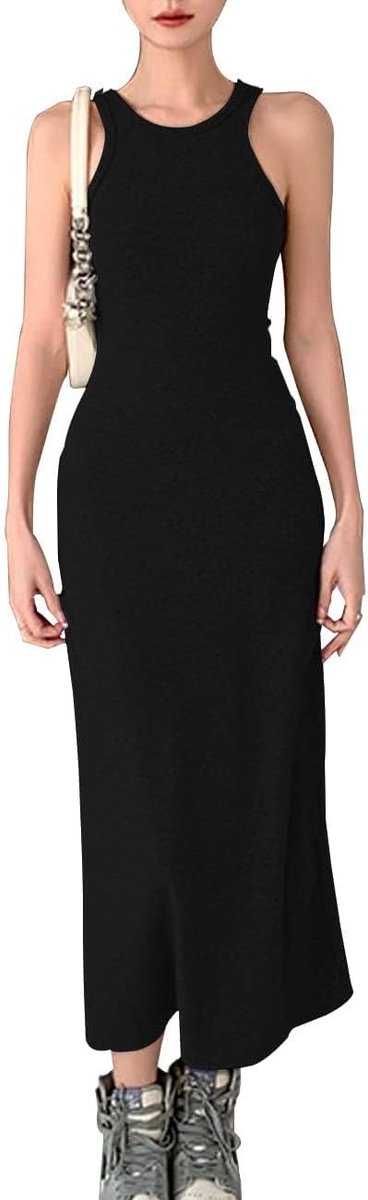 elegant, casual, lang, sexy, bodycon-jurk, smal, mouwloos, zwart, lange rok, feestjurk, clubwear, lange avondjurk