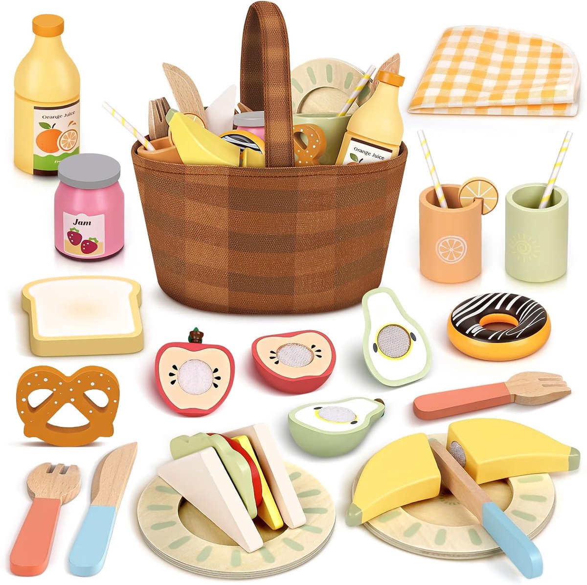 kinderkeuken accessoires hout speelgoed, speelkeuken accessoires picknickmand voor kinderen met houten fruit om te snijden, houten speelgoed baby 3 jaar jongens meisjes cadeaus