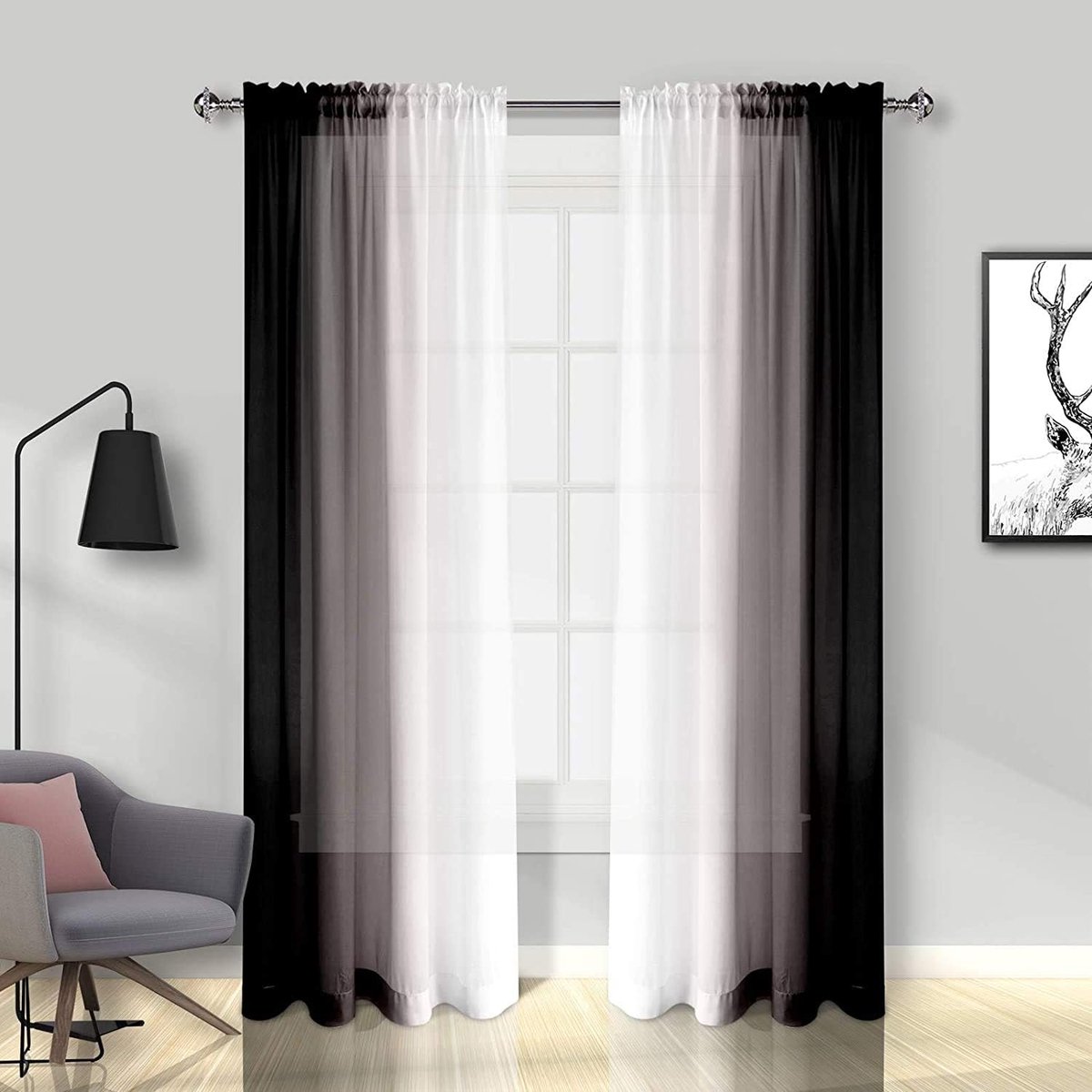 Zwarte Ombre Transparante Gordijnen Gradiënt Rod Pocket Voiles, 56x90 inch, 2 Panelen