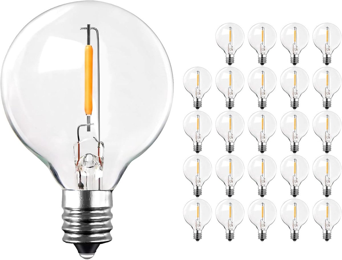 25 Pak G40 LED Lichtbollen Vervanging 1W G40 LED-bolvormige lamp | E12 Kleine Schroefbasis Lichtbol, 2200K Warm Wit G40 Lamp Helder Glas Gloeilampen voor Binnen Buiten Lichtslingers